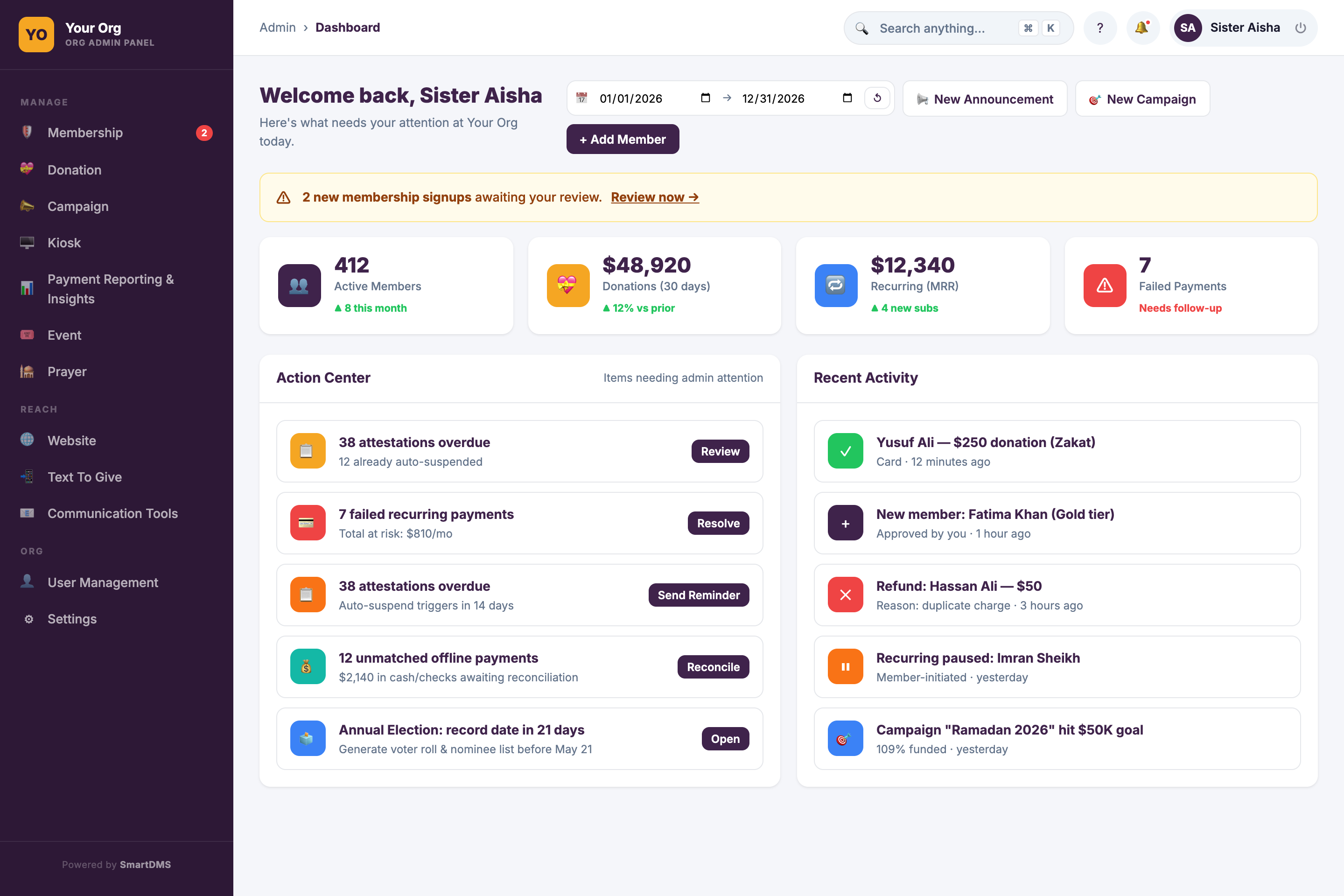 SmartDMS admin panel dashboard for a mosque, masjid or church with donation totals, members and an action center