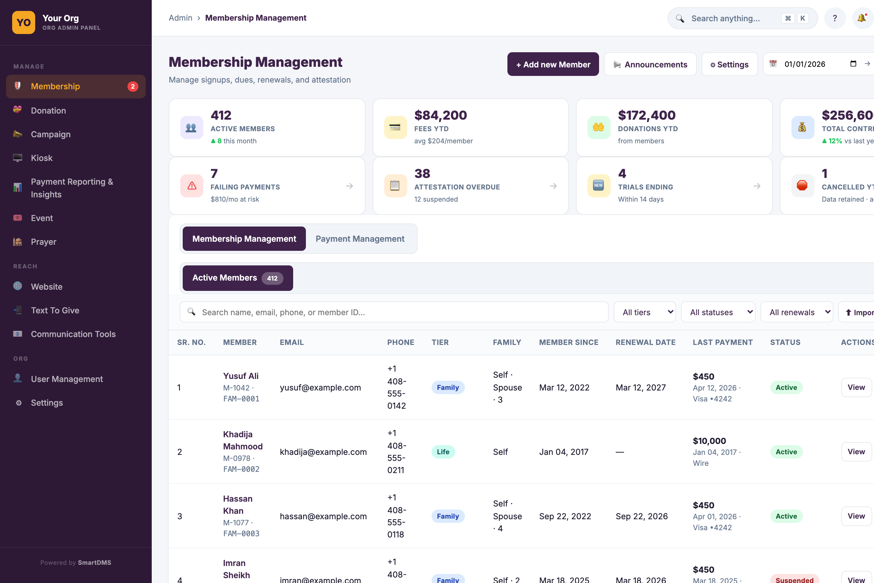 Membership management dashboard for a masjid with member and family accounts, tiers, renewals, attestation and voter eligibility tracking