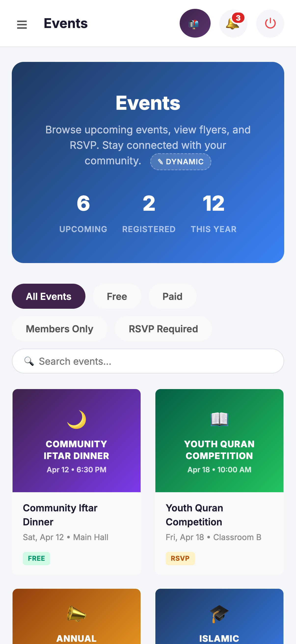 SmartDMS member mobile app events screen — browse and register for mosque or church events and buy tickets from your phone