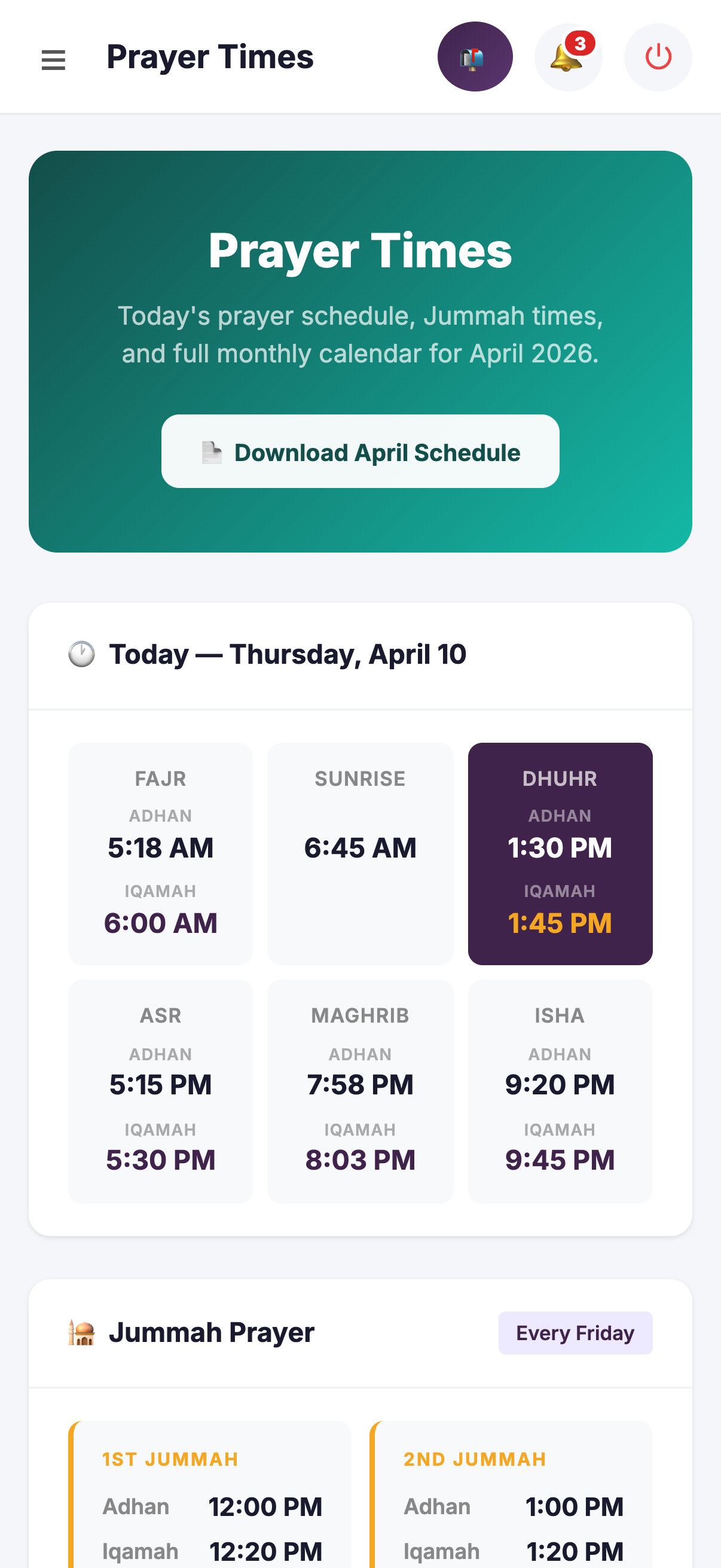 SmartDMS mobile app prayer times screen showing daily Adhan and Iqamah times for a masjid with reminders