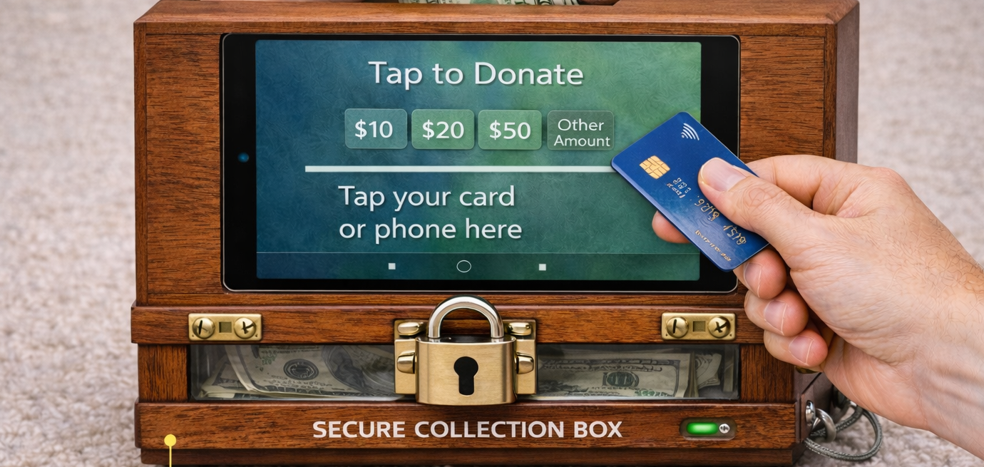 SmartDMS wooden secure donation collection box with a built-in tap-to-donate tablet, cash slot, and locking cash drawer