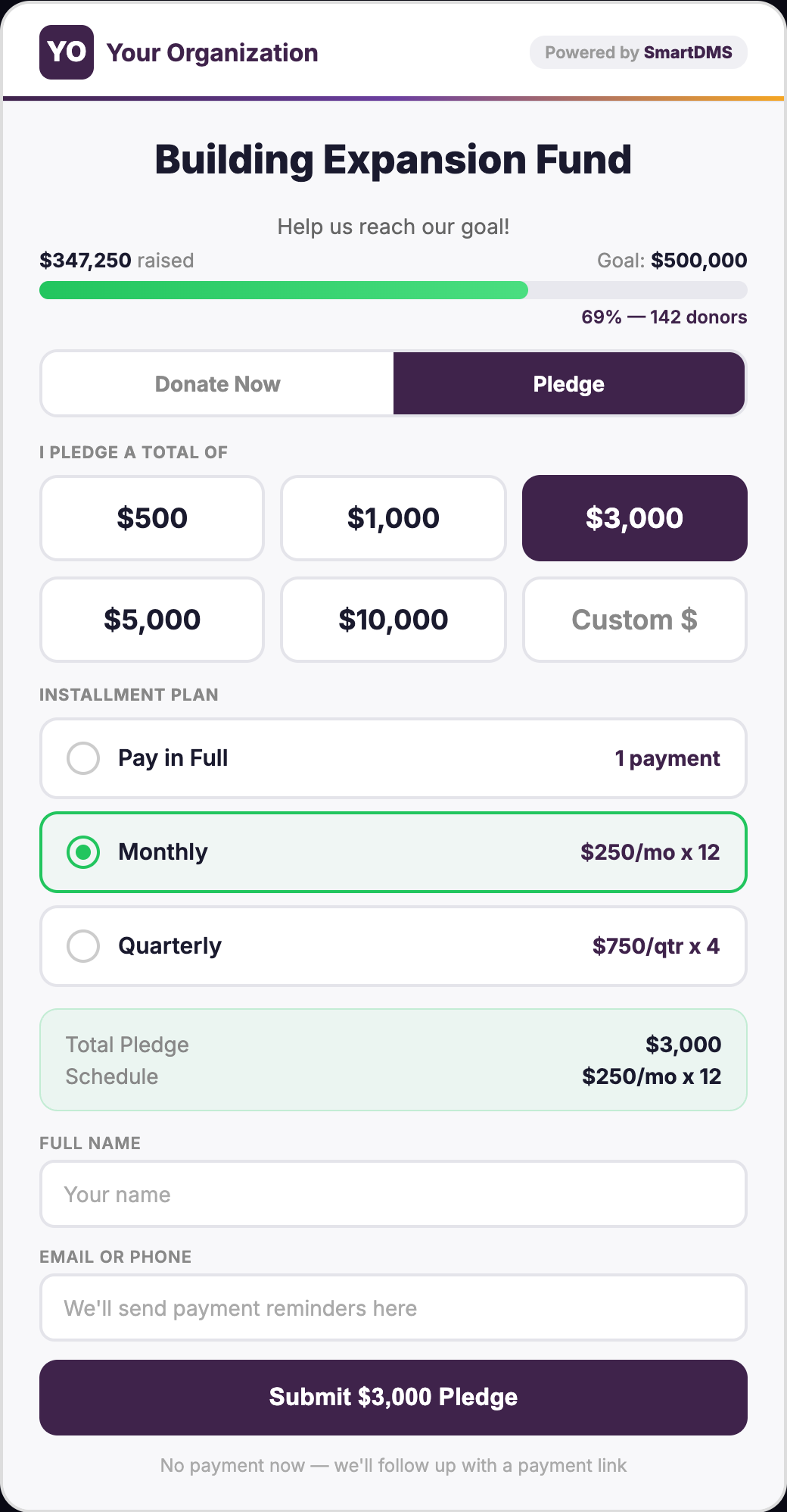Donation kiosk campaign and pledge screen with live goal progress, pledge amounts and installment plans for a building fund