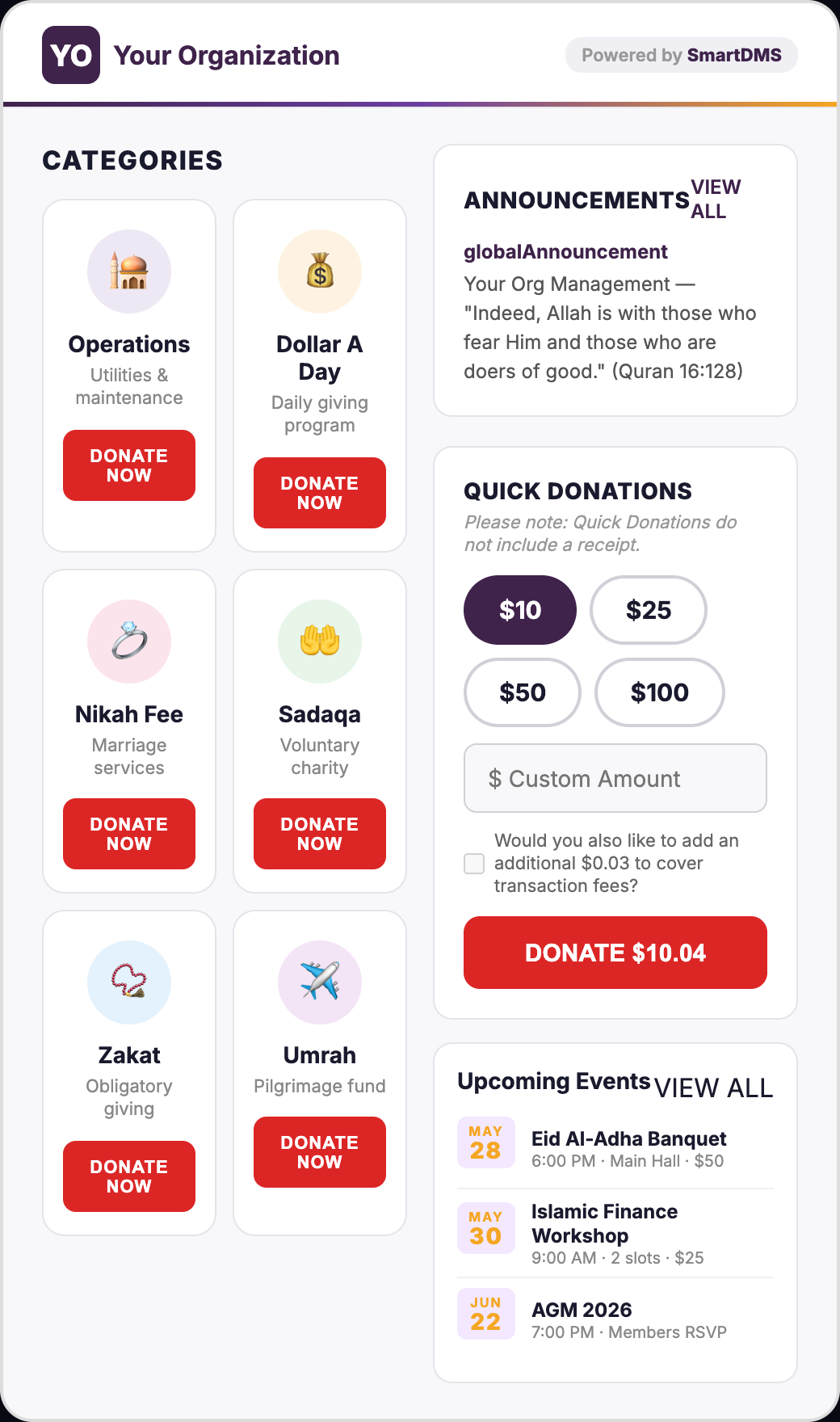21.5-inch floor kiosk screen showing donation categories — Operations, Zakat, Sadaqa, Nikah Fee and more — with announcements and quick donations