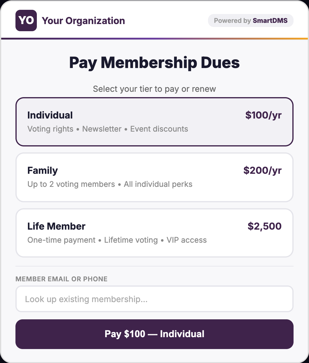 Donation kiosk membership dues screen for walk-in members to pick a tier and pay or renew membership on the spot