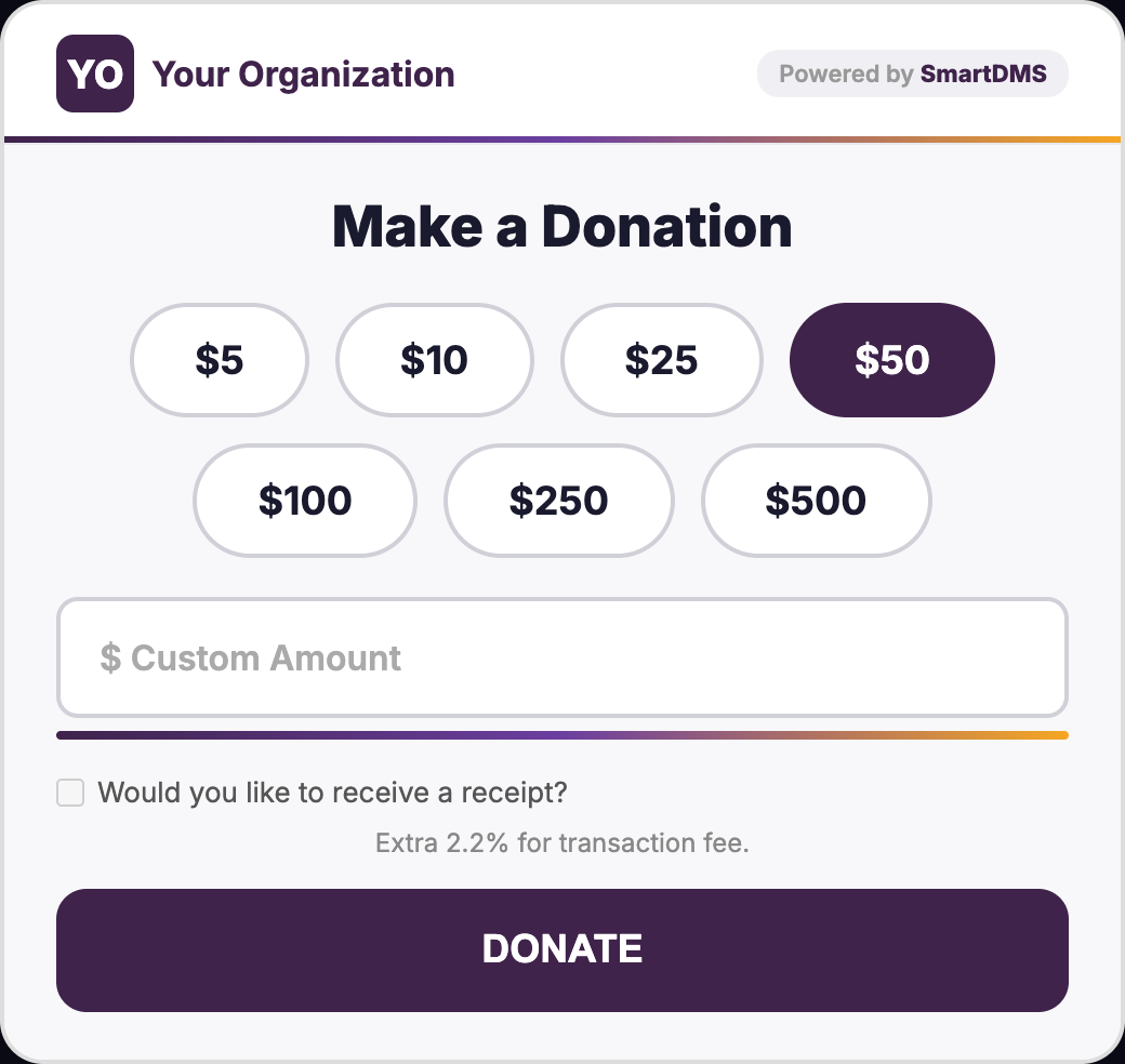 SmartDMS tap-to-give donation kiosk screen with preset amounts for a lobby or event