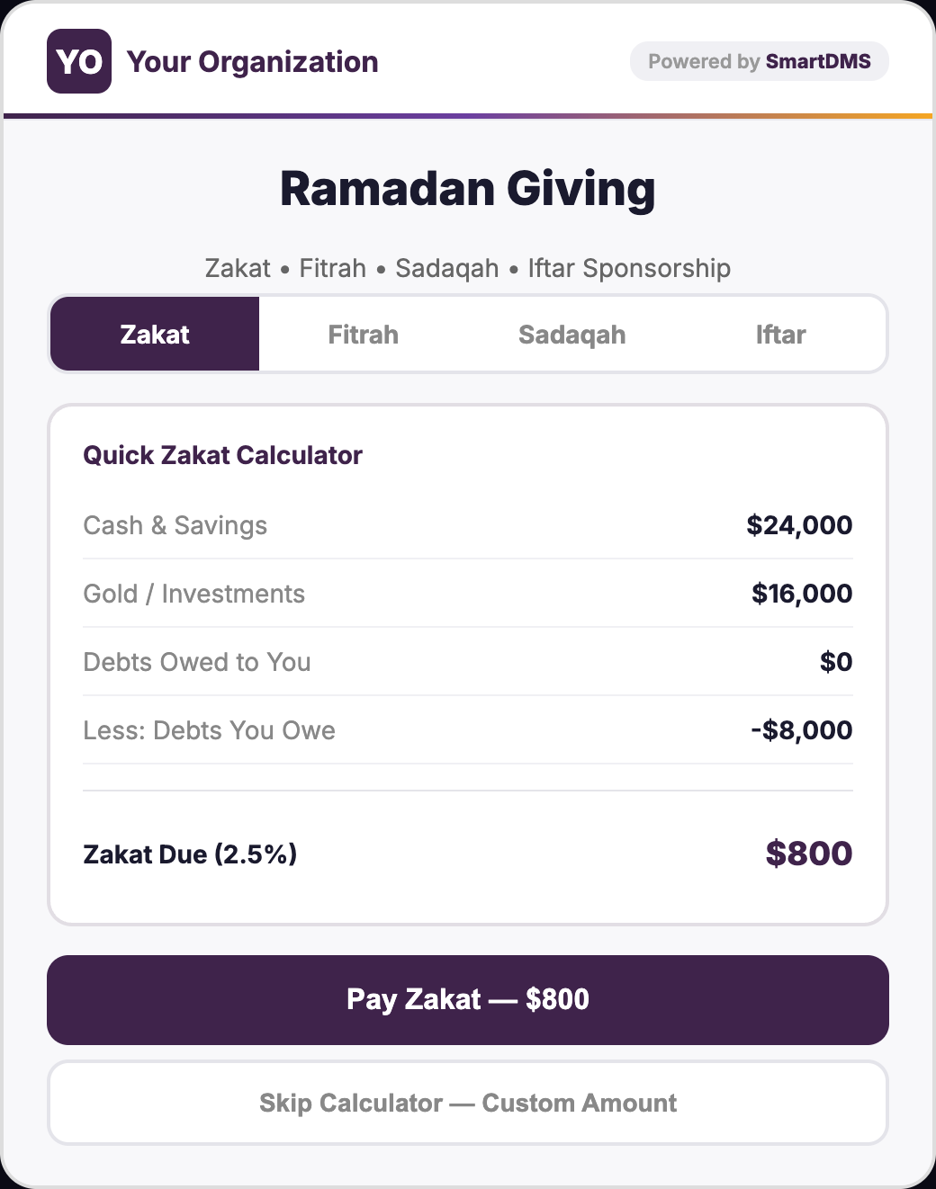 Seasonal Ramadan donation kiosk screen with built-in Zakat calculator, Fitrah and Sadaqah giving