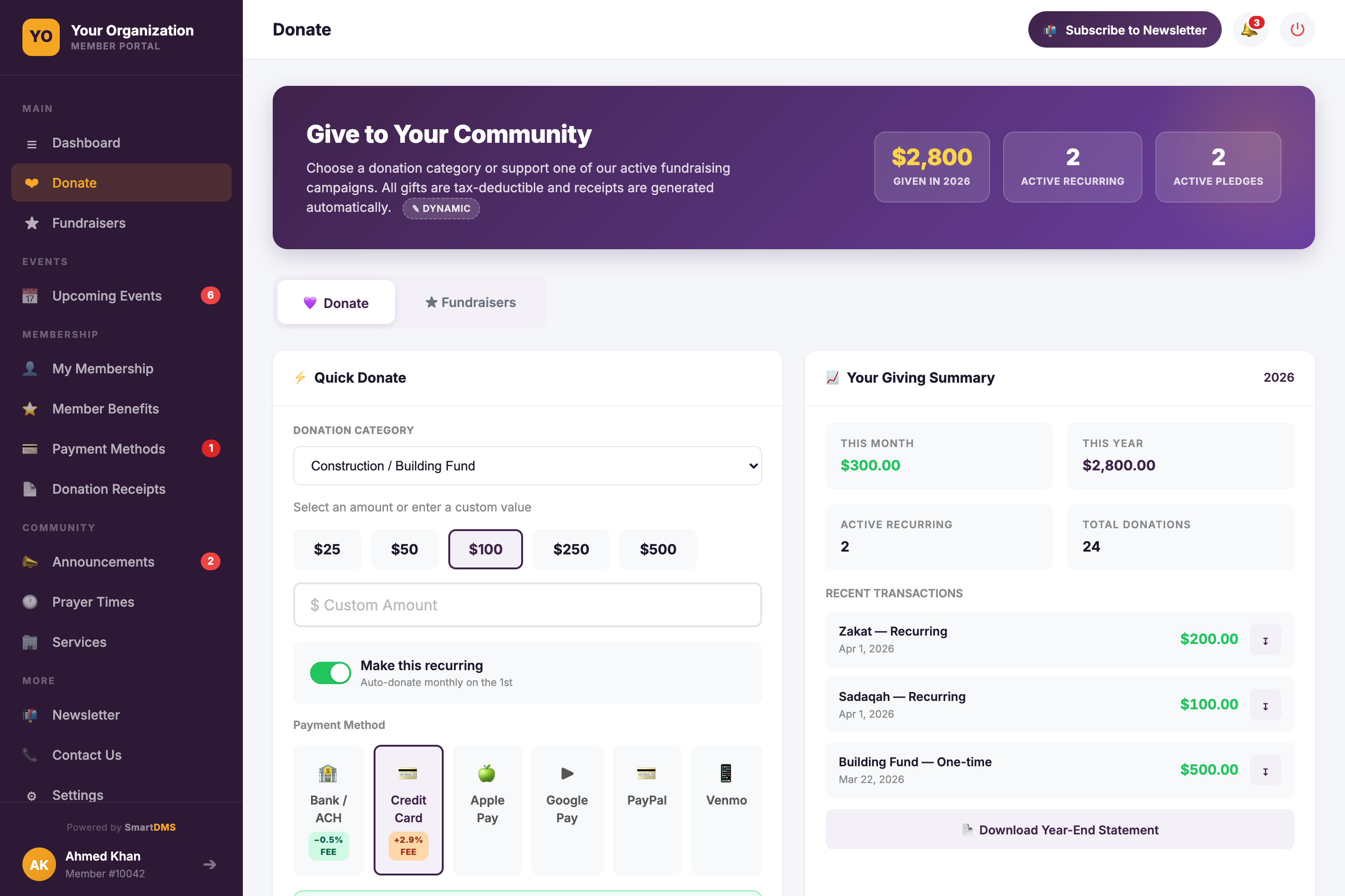 Member web portal donate page for a mosque with donation categories, recurring giving, a personal giving summary, and all six online payment methods including ACH, Apple Pay and Venmo