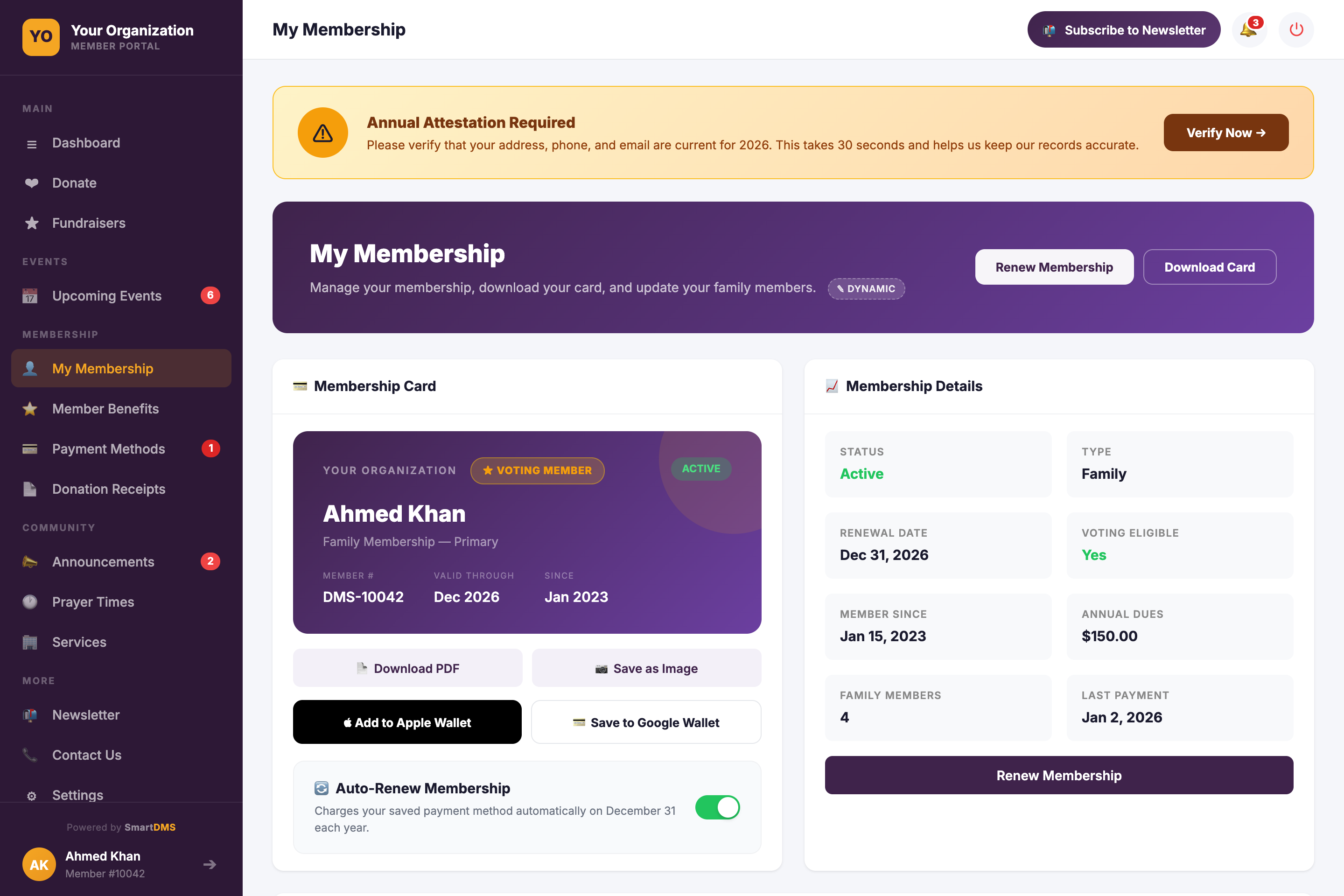 Donor and member portal showing membership, giving history and pledges with every online payment method