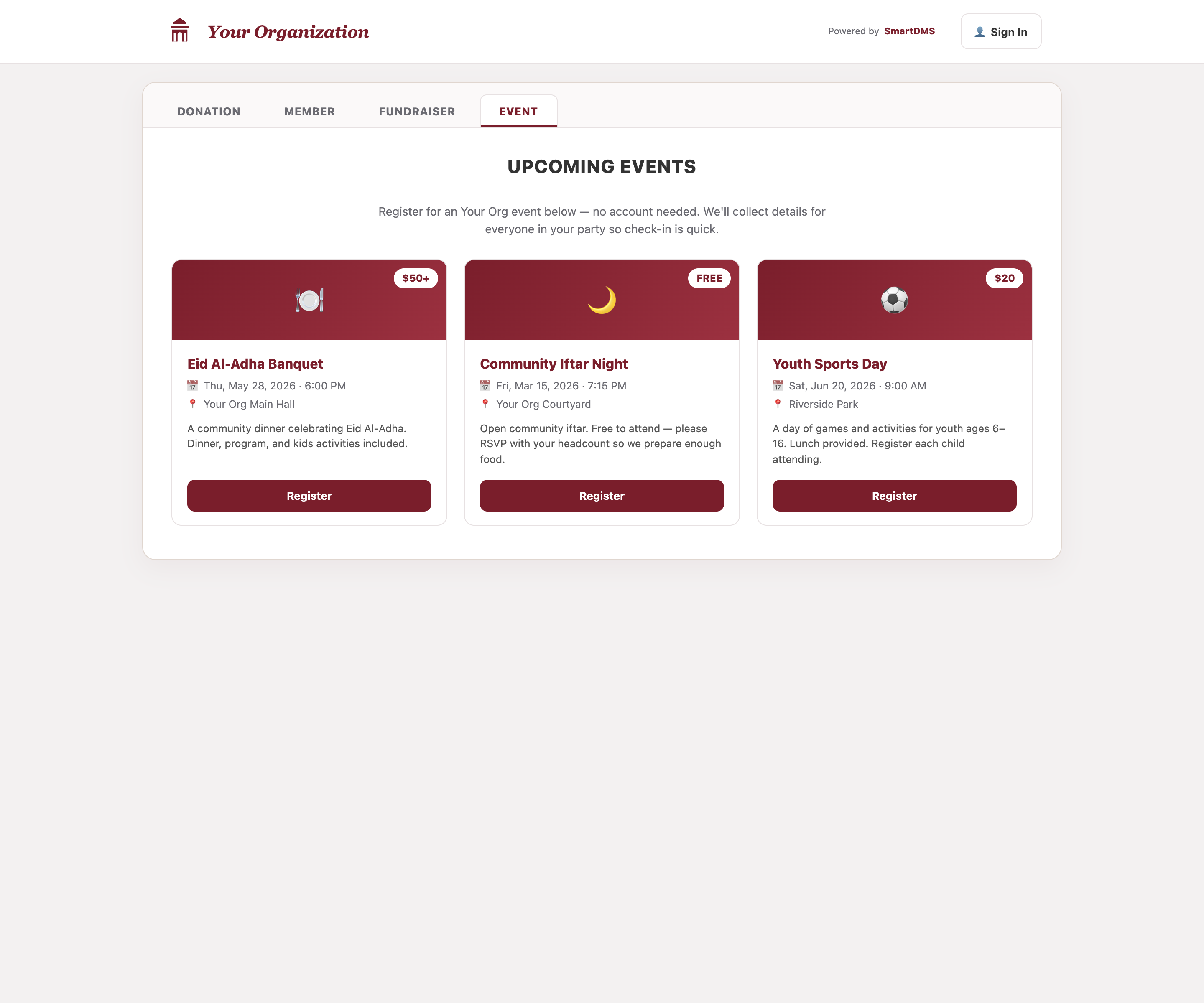 Public donation and event registration landing page for a mosque with tabs for donation, membership, fundraiser and event signup that works with no account required